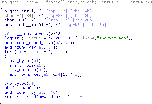 A decompile showing the ecncrypt_ecb function